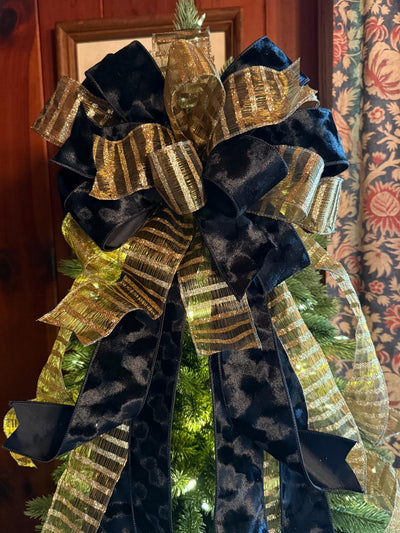 The Amaya Black & Gold Velvet Christmas Tree Topper Bow, long streamer bow, big tree bow, bow for wreath, traditional christmas tree bow