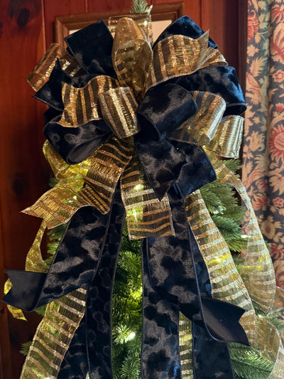 The Amaya Black & Gold Velvet Christmas Tree Topper Bow, long streamer bow, big tree bow, bow for wreath, traditional christmas tree bow