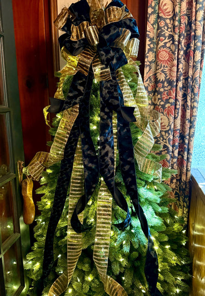 The Amaya Black & Gold Velvet Christmas Tree Topper Bow, long streamer bow, big tree bow, bow for wreath, traditional christmas tree bow