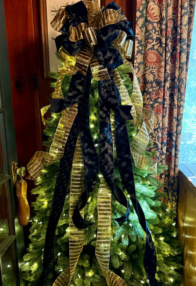 The Amaya Black & Gold Velvet Christmas Tree Topper Bow, long streamer bow, big tree bow, bow for wreath, traditional christmas tree bow