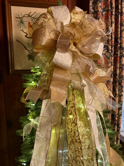 The Blitzen White and Gold Christmas Tree Topper Bow, long streamer gold bow, big gold christmas tree bow, XL bow