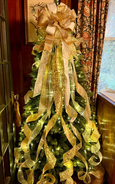 The Blitzen White and Gold Christmas Tree Topper Bow, long streamer gold bow, big gold christmas tree bow, XL bow
