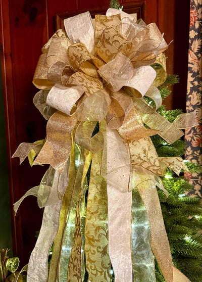 The Blitzen White and Gold Christmas Tree Topper Bow, long streamer gold bow, big gold christmas tree bow, XL bow