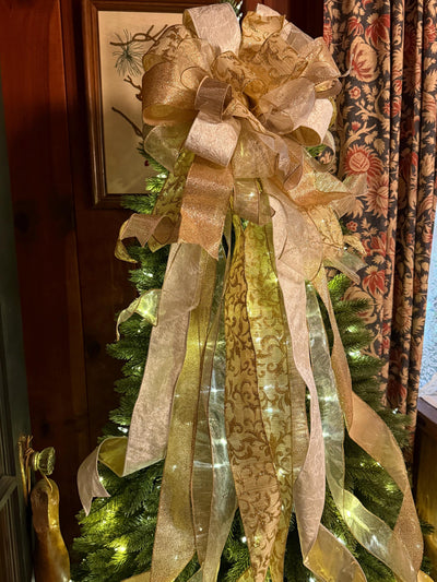 The Blitzen White and Gold Christmas Tree Topper Bow, long streamer gold bow, big gold christmas tree bow, XL bow