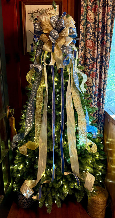 The Lena Blue & Gold Christmas Tree Topper Bow, Christmas bow for wreaths, Gold and blue bow, multicolor tree topper bow