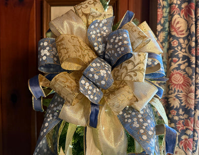 The Lena Blue & Gold Christmas Tree Topper Bow, Christmas bow for wreaths, Gold and blue bow, multicolor tree topper bow