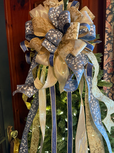 The Lena Blue & Gold Christmas Tree Topper Bow, Christmas bow for wreaths, Gold and blue bow, multicolor tree topper bow