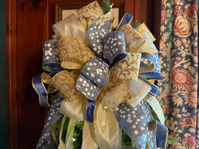 The Lena Blue & Gold Christmas Tree Topper Bow, Christmas bow for wreaths, Gold and blue bow, multicolor tree topper bow