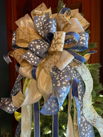 The Lena Blue & Gold Christmas Tree Topper Bow, Christmas bow for wreaths, Gold and blue bow, multicolor tree topper bow