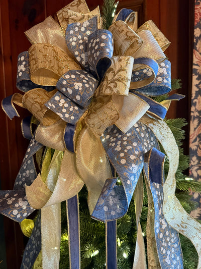 The Lena Blue & Gold Christmas Tree Topper Bow, Christmas bow for wreaths, Gold and blue bow, multicolor tree topper bow