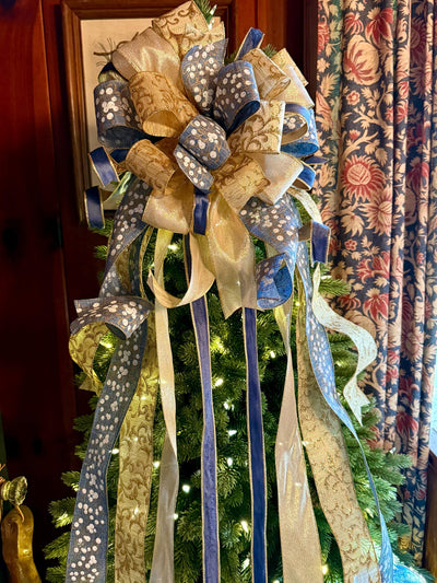The Lena Blue & Gold Christmas Tree Topper Bow, Christmas bow for wreaths, Gold and blue bow, multicolor tree topper bow