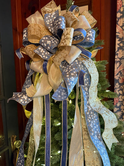 The Lena Blue & Gold Christmas Tree Topper Bow, Christmas bow for wreaths, Gold and blue bow, multicolor tree topper bow