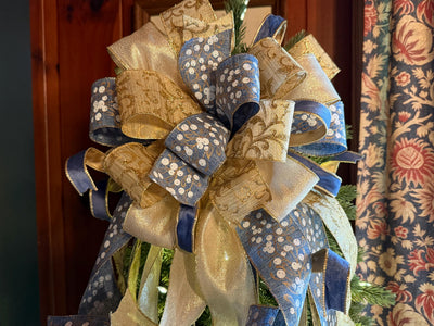 The Lena Blue & Gold Christmas Tree Topper Bow, Christmas bow for wreaths, Gold and blue bow, multicolor tree topper bow