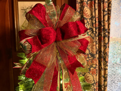 The Elena Red & Gold Christmas Tree Topper Bow, Bow topper for christmas tree, cranberry red bow, tree trimming bow, red velvet bow for tree