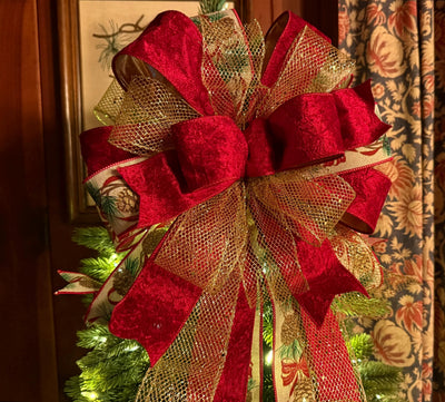 The Elena Red & Gold Christmas Tree Topper Bow, Bow topper for christmas tree, cranberry red bow, tree trimming bow, red velvet bow for tree