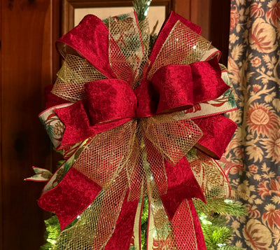 The Elena Red & Gold Christmas Tree Topper Bow, Bow topper for christmas tree, cranberry red bow, tree trimming bow, red velvet bow for tree