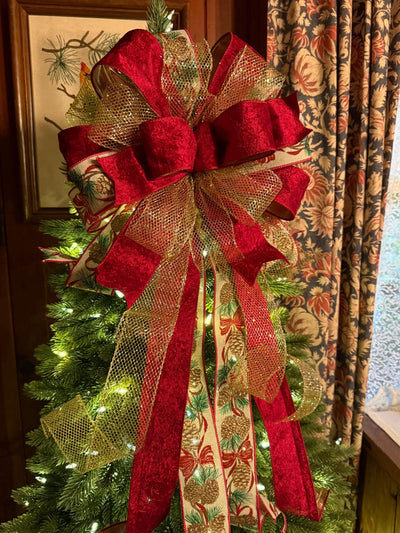 The Elena Red & Gold Christmas Tree Topper Bow, Bow topper for christmas tree, cranberry red bow, tree trimming bow, red velvet bow for tree