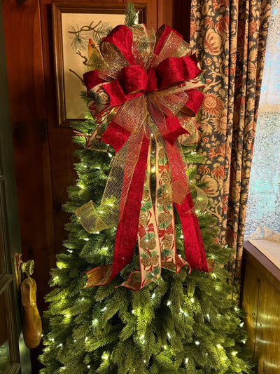 The Elena Red & Gold Christmas Tree Topper Bow, Bow topper for christmas tree, cranberry red bow, tree trimming bow, red velvet bow for tree