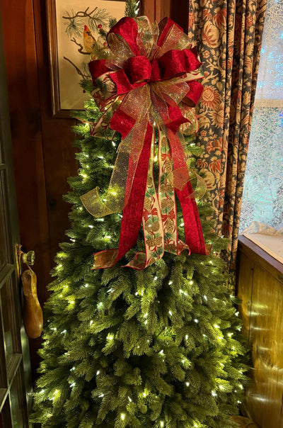 The Elena Red & Gold Christmas Tree Topper Bow, Bow topper for christmas tree, cranberry red bow, tree trimming bow, red velvet bow for tree