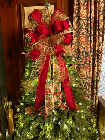 The Elena Red & Gold Christmas Tree Topper Bow, Bow topper for christmas tree, cranberry red bow, tree trimming bow, red velvet bow for tree