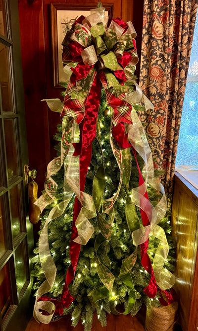 The Bridgette Red & Green Velvet Christmas Tree Topper Bow, Red gold long streamer bow, XL gold christmas tree bow, large bow for wreaths