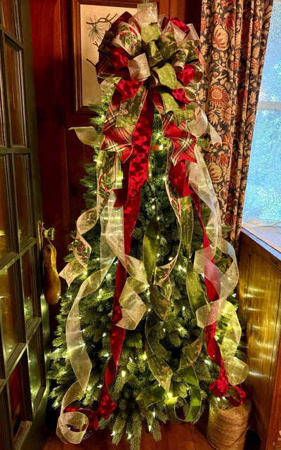 The Bridgette Red & Green Velvet Christmas Tree Topper Bow, Red gold long streamer bow, XL gold christmas tree bow, large bow for wreaths
