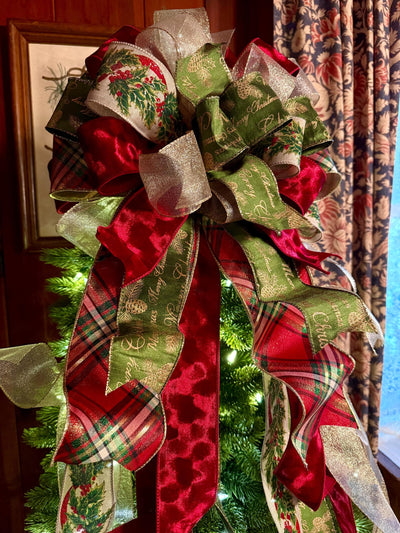 The Bridgette Red & Green Velvet Christmas Tree Topper Bow, Red gold long streamer bow, XL gold christmas tree bow, large bow for wreaths