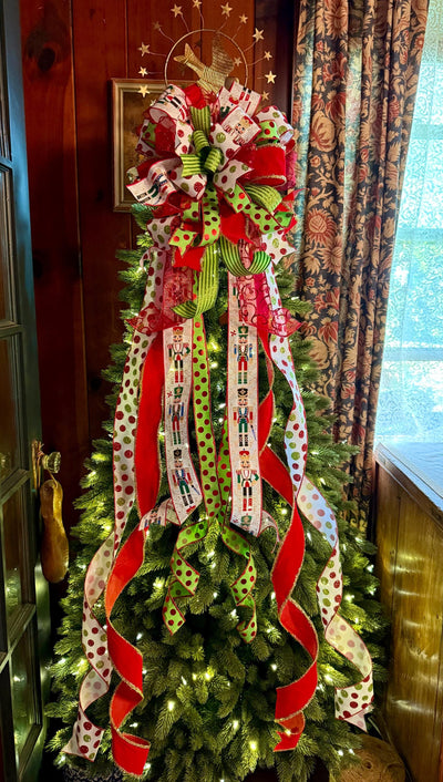 The Freya Red Green & Gold Christmas Tree Topper Bow, XL plaid bow, long streamer ribbon topper, wreath bow, gold christmas tree bow