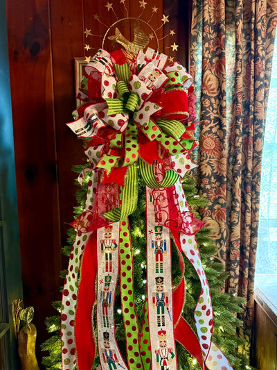 The Freya Red Green & Gold Christmas Tree Topper Bow, XL plaid bow, long streamer ribbon topper, wreath bow, gold christmas tree bow