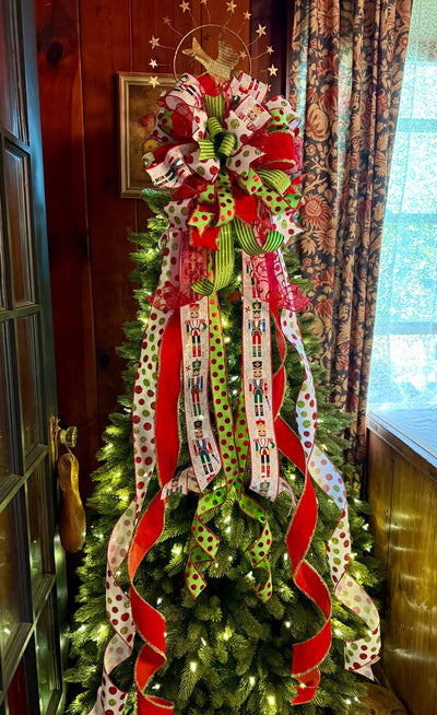 The Freya Red Green & Gold Christmas Tree Topper Bow, XL plaid bow, long streamer ribbon topper, wreath bow, gold christmas tree bow