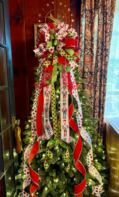 The Freya Red Green & Gold Christmas Tree Topper Bow, XL plaid bow, long streamer ribbon topper, wreath bow, gold christmas tree bow