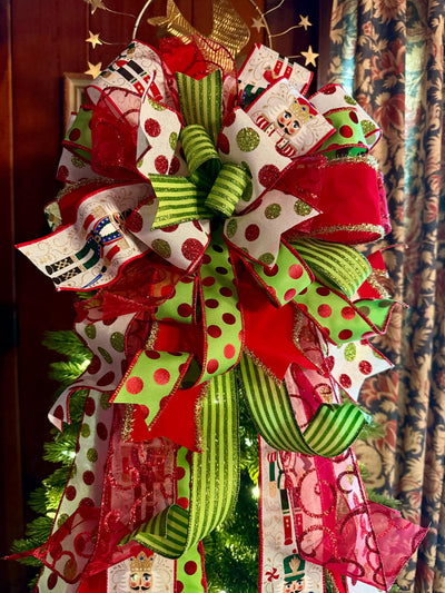 The Freya Red Green & Gold Christmas Tree Topper Bow, XL plaid bow, long streamer ribbon topper, wreath bow, gold christmas tree bow