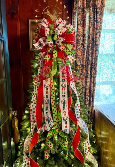 The Freya Red Green & Gold Christmas Tree Topper Bow, XL plaid bow, long streamer ribbon topper, wreath bow, gold christmas tree bow