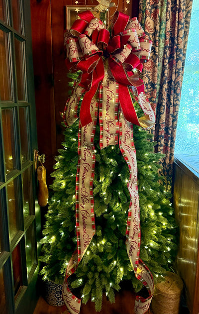 Melissa Red and Gold Plaid Christmas Tree Topper Bow, Deluxe Long Streamer bow, XL big wide red bow, velvet bow for christmas tree