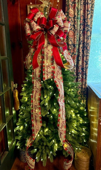 Melissa Red and Gold Plaid Christmas Tree Topper Bow, Deluxe Long Streamer bow, XL big wide red bow, velvet bow for christmas tree
