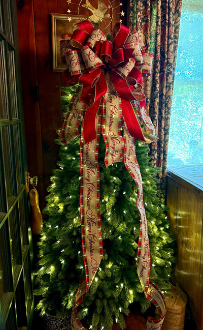 Melissa Red and Gold Plaid Christmas Tree Topper Bow, Deluxe Long Streamer bow, XL big wide red bow, velvet bow for christmas tree