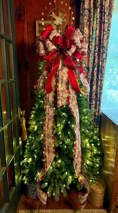 Melissa Red and Gold Plaid Christmas Tree Topper Bow, Deluxe Long Streamer bow, XL big wide red bow, velvet bow for christmas tree