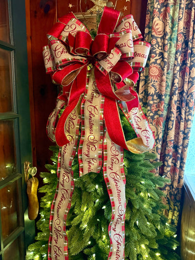 Melissa Red and Gold Plaid Christmas Tree Topper Bow, Deluxe Long Streamer bow, XL big wide red bow, velvet bow for christmas tree