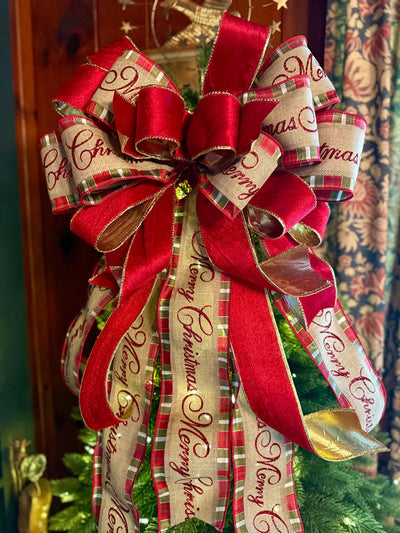 Melissa Red and Gold Plaid Christmas Tree Topper Bow, Deluxe Long Streamer bow, XL big wide red bow, velvet bow for christmas tree