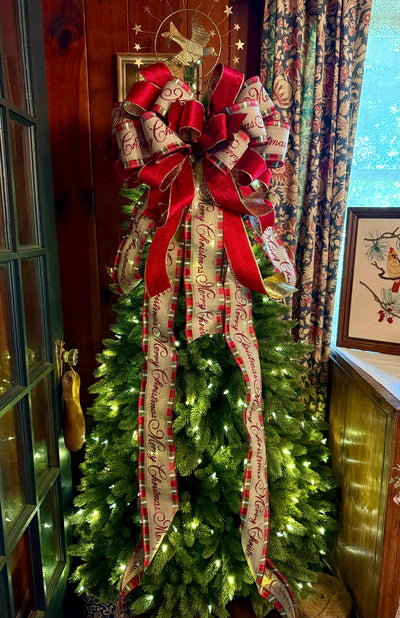 Melissa Red and Gold Plaid Christmas Tree Topper Bow, Deluxe Long Streamer bow, XL big wide red bow, velvet bow for christmas tree