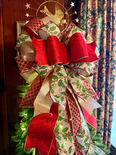 The Waverly Red & Gold Christmas Tree Topper Bow, XL velvet bow, long streamer ribbon topper, gold christmas tree bow, big red bow for tree