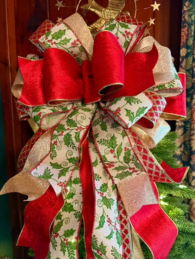 The Waverly Red & Gold Christmas Tree Topper Bow, XL velvet bow, long streamer ribbon topper, gold christmas tree bow, big red bow for tree