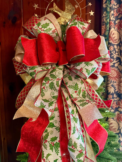 The Waverly Red & Gold Christmas Tree Topper Bow, XL velvet bow, long streamer ribbon topper, gold christmas tree bow, big red bow for tree