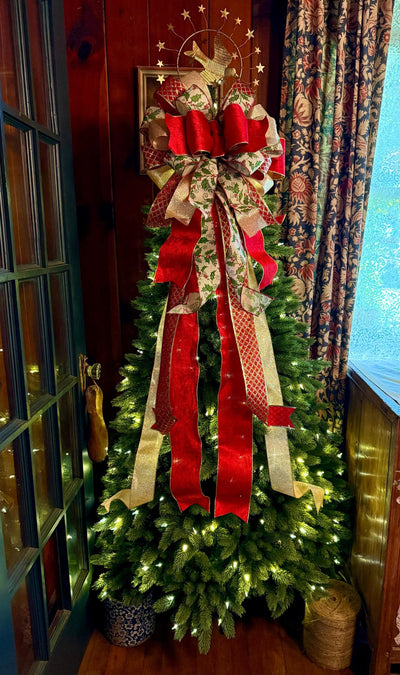 The Waverly Red & Gold Christmas Tree Topper Bow, XL velvet bow, long streamer ribbon topper, gold christmas tree bow, big red bow for tree