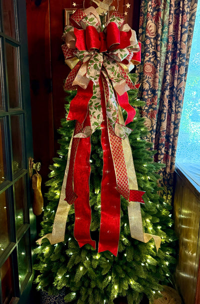 The Waverly Red & Gold Christmas Tree Topper Bow, XL velvet bow, long streamer ribbon topper, gold christmas tree bow, big red bow for tree