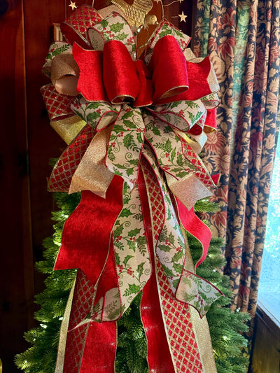 The Waverly Red & Gold Christmas Tree Topper Bow, XL velvet bow, long streamer ribbon topper, gold christmas tree bow, big red bow for tree