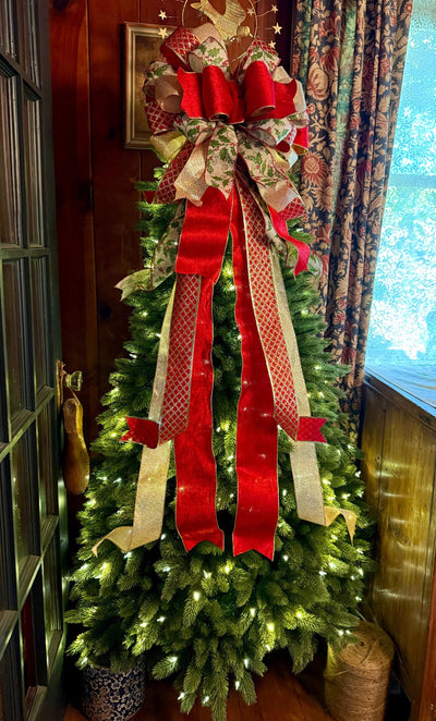 The Waverly Red & Gold Christmas Tree Topper Bow, XL velvet bow, long streamer ribbon topper, gold christmas tree bow, big red bow for tree