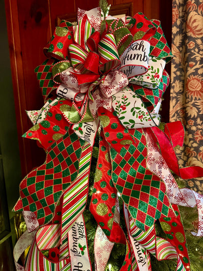 The Marisol Red & Green Bow, Glitter Polka Dot Bow, Luxury Bow, XL red christmas tree bow, whimsical bow, Christmas Tree Topper