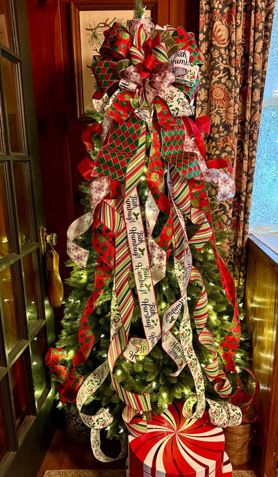 The Marisol Red & Green Bow, Glitter Polka Dot Bow, Luxury Bow, XL red christmas tree bow, whimsical bow, Christmas Tree Topper