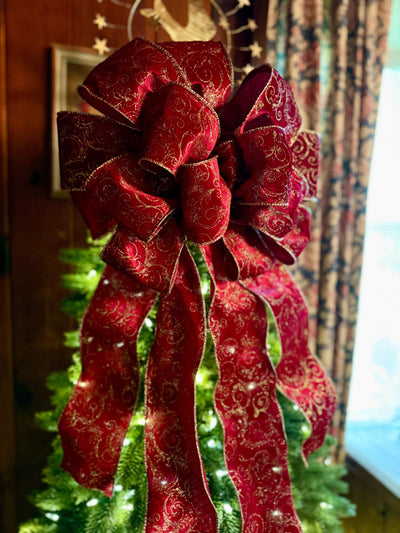 The Vixen Burgundy & Gold Christmas Tree Topper Bow, Long streamer bow for tree, burgandy velvet christmas tree bow, XL luxury bow for tree